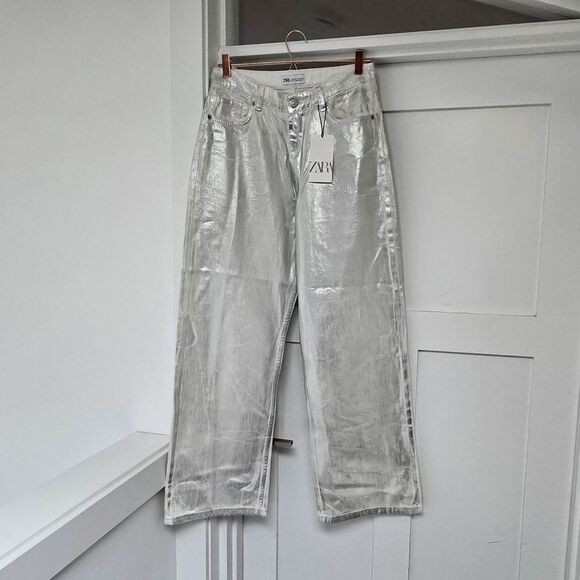 🆕️ Zara Boy Boy Metallic High Rise Relaxed Fit Jeans in Silver - Picture 6 of 15
